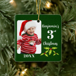 Baby's 3. Christmas Green Imitate Fabric Keepake Keramikornament
