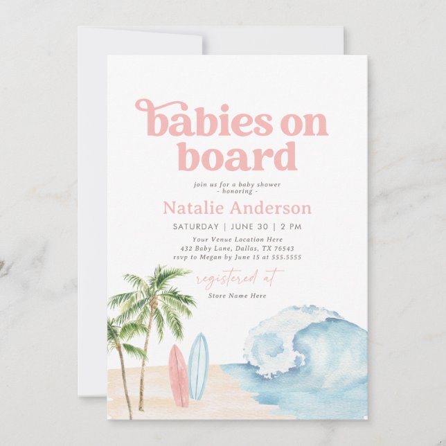 Babys an Bord Surf Twin Baby Shower Einladung (Vorderseite)