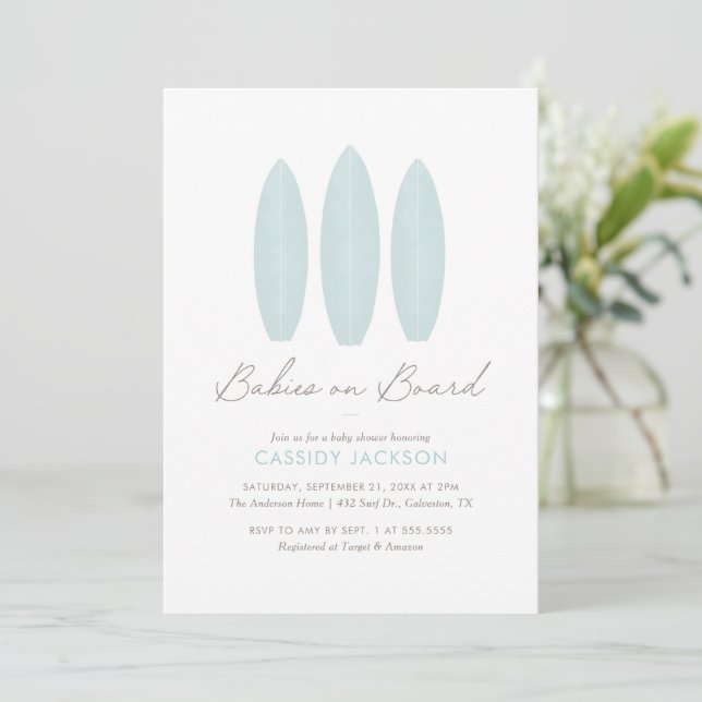 Babys an Bord Surfboard Twin Baby Shower Einladung (Stehend Vorderseite)
