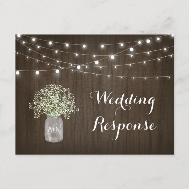 Babys atmen Mason Jar Rustic Lights Wedding RSVP Postkarte (Vorderseite)