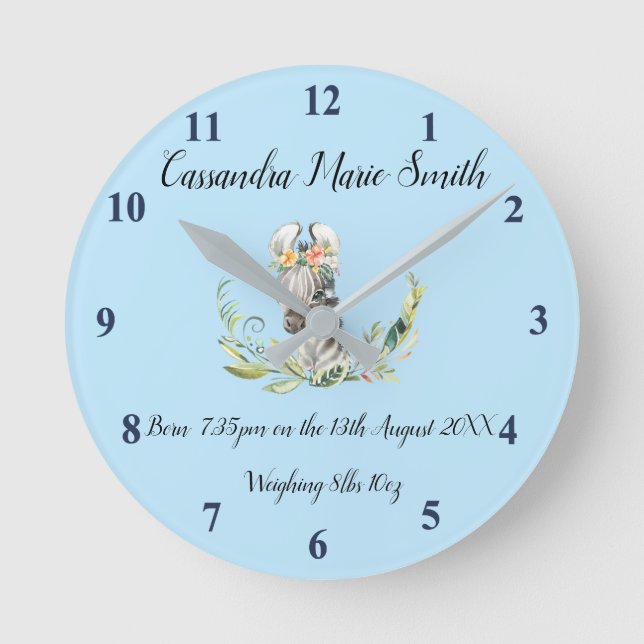 Baby's Birth Memento With Baby Zebra Runde Wanduhr (Vorderseite)