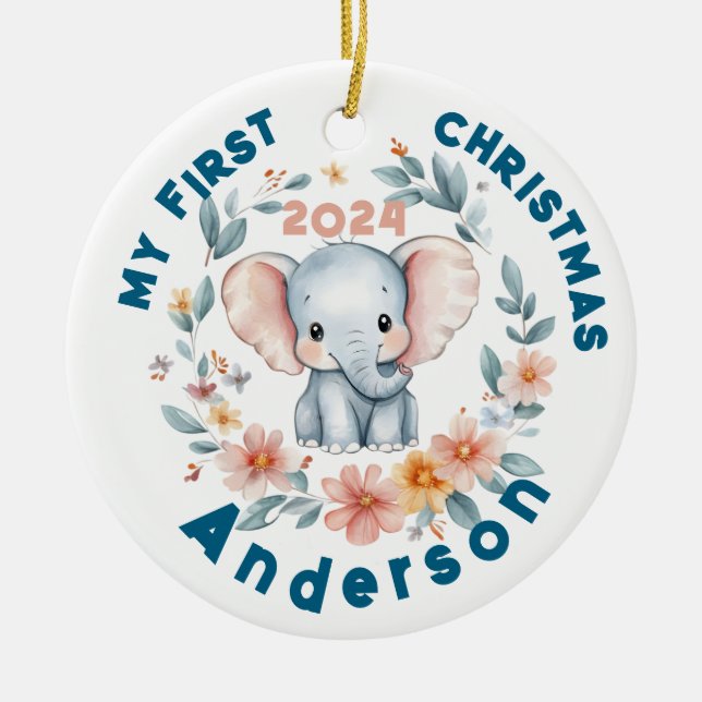 Baby's Boy First Christmas Niedlich Elephant Keramik Ornament (Vorne)