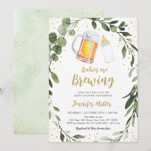 Babys brauen Grünpflanzen Zweiwindusche Einladung (Vorne/Hinten)