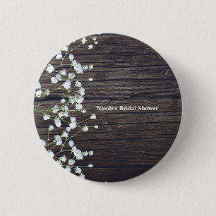 Baby's Breath Blumen & dunkles rustikales Holz Button