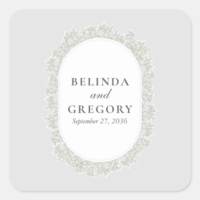 Baby's Breath Monogram Gypsophila Floral Wedding Quadratischer Aufkleber (Vorderseite)