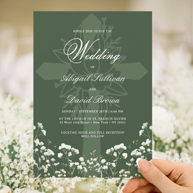 Baby's Breath on Sage Green Religious Wedding Einladung (Von Creator hochgeladen)
