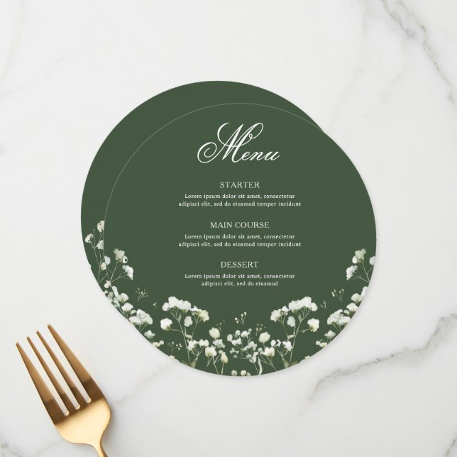 Baby's Breath  on Sage Green Round Menu Menükarte (Vorderseite/Rückseite Beispiel)