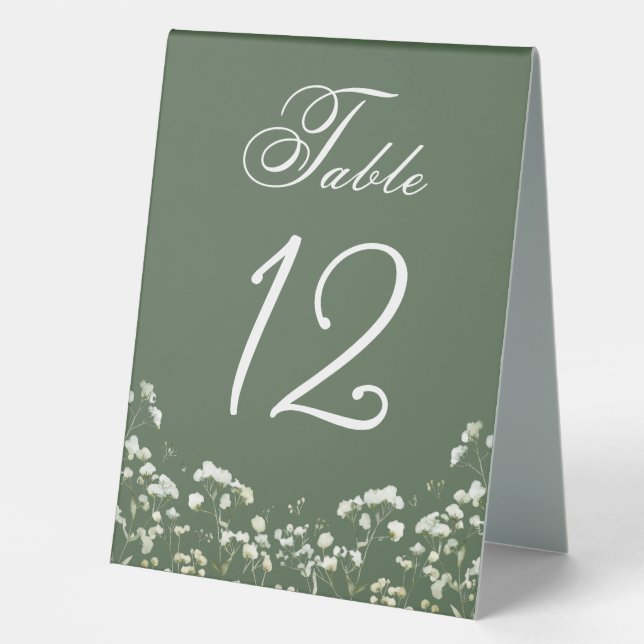 Baby's Breath on Sage Green Table Number Sign Tischaufsteller (Vorderseite)