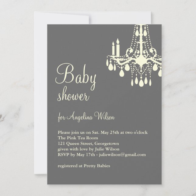 Baby's Chandelier in grau und gelb Einladung (Vorderseite)
