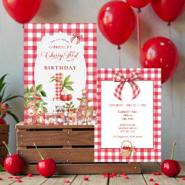 Baby's Cherry First Red Gingham Birthday Einladung