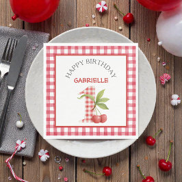 Baby's Cherry First Red Gingham Birthday Serviette