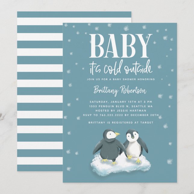 Baby's Cold Outdoor Blue Pinguins Baby Dusche Einladung (Vorne/Hinten)