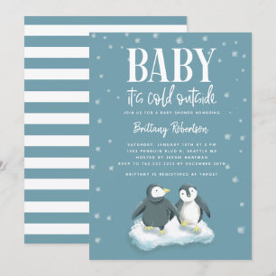 Baby's Cold Outdoor Blue Pinguins Baby Dusche Einladung
