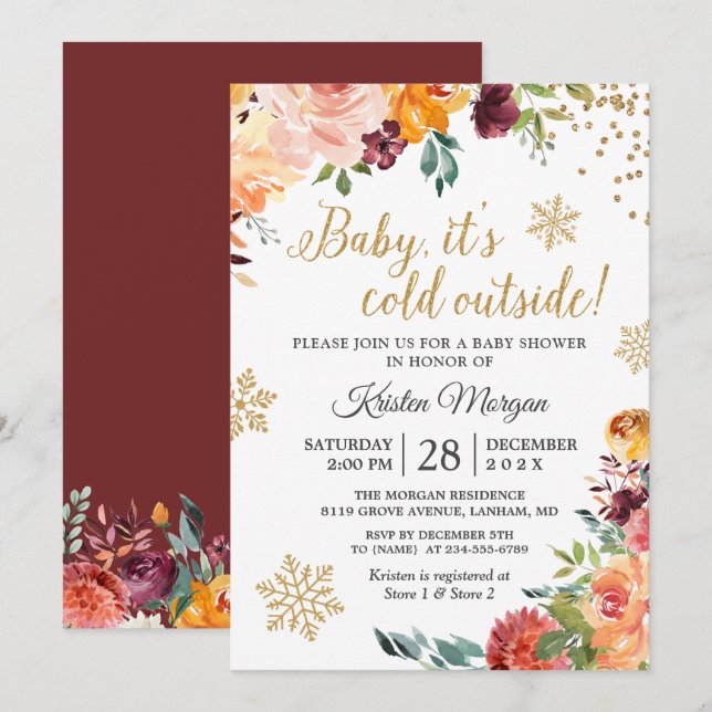 Baby's Cold Outdoor Burgundy Floral Baby Shower Einladung (Vorne/Hinten)