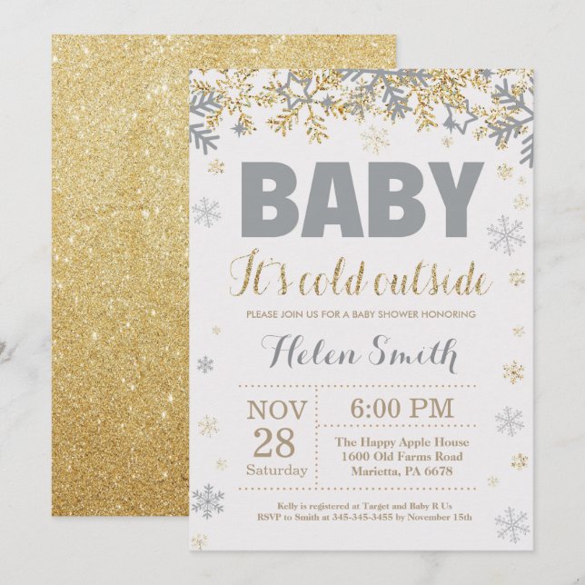 Baby's Cold Outdoor Gold und Gray Baby Shower Einladung (Vorne/Hinten)