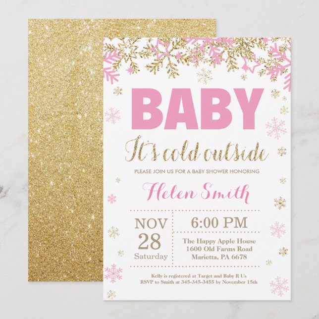Baby's Cold Outdoor Pink Gold Girl Baby Dusche Einladung (Vorne/Hinten)
