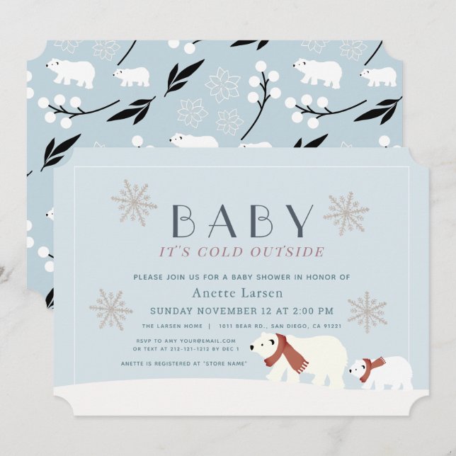 Baby's Cold Outdoor Polar Bears Blue Baby Dusche Einladung (Vorne/Hinten)