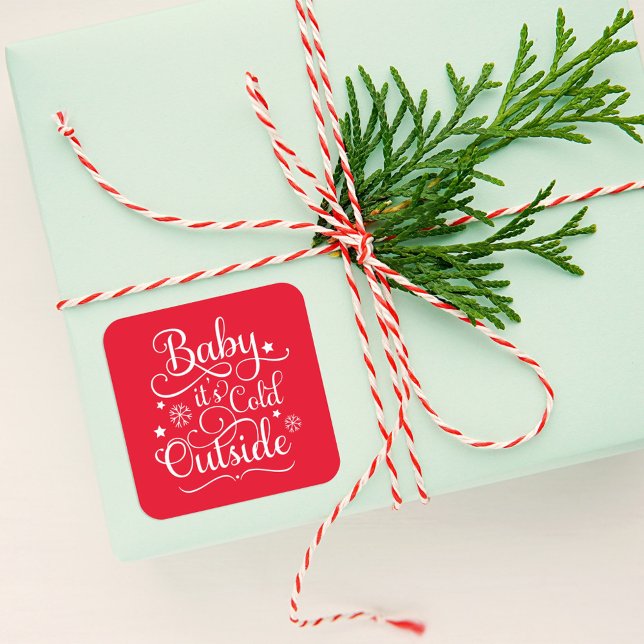 Baby's Cold Outdoor Red Script Holiday Quadratischer Aufkleber (Von Creator hochgeladen)