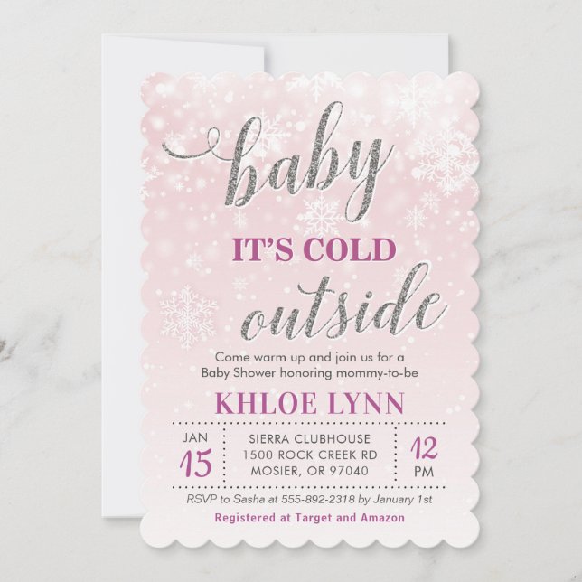 Baby's Cold Outdoor Winter Baby Dusche Pink Girl Einladung (Vorderseite)