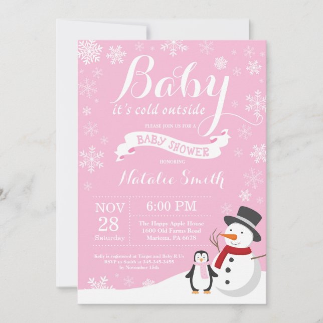Baby's Cold Outdoor Winter Girl Babydusche Pink Einladung (Vorderseite)