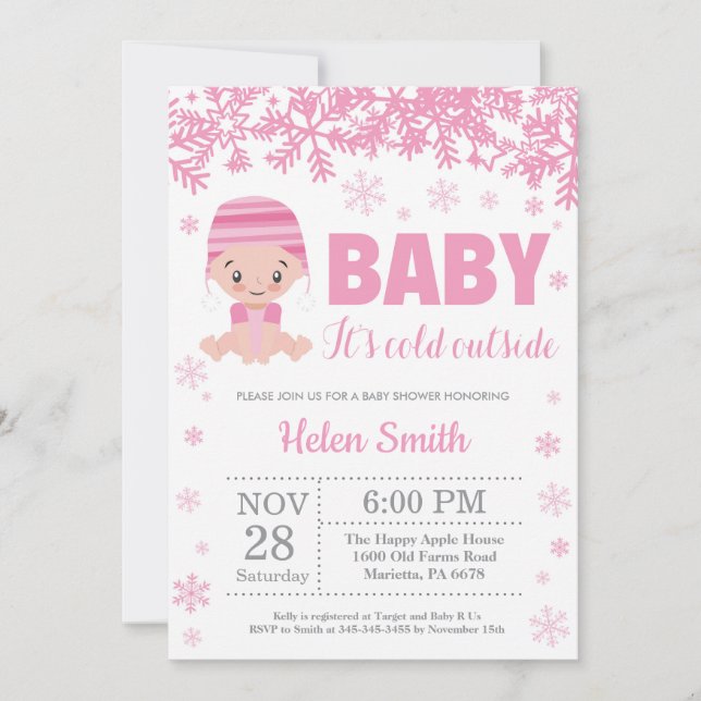 Baby's Cold Outdoor Winter Pink Girl Babydusche Einladung (Vorderseite)