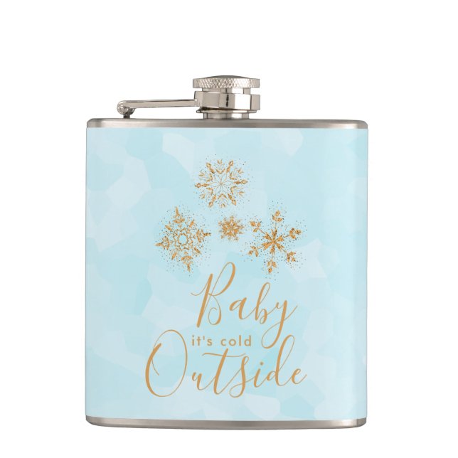 Baby's Cold Outside Gold Schneeflocken auf Blue Flachmann (Vorderseite)