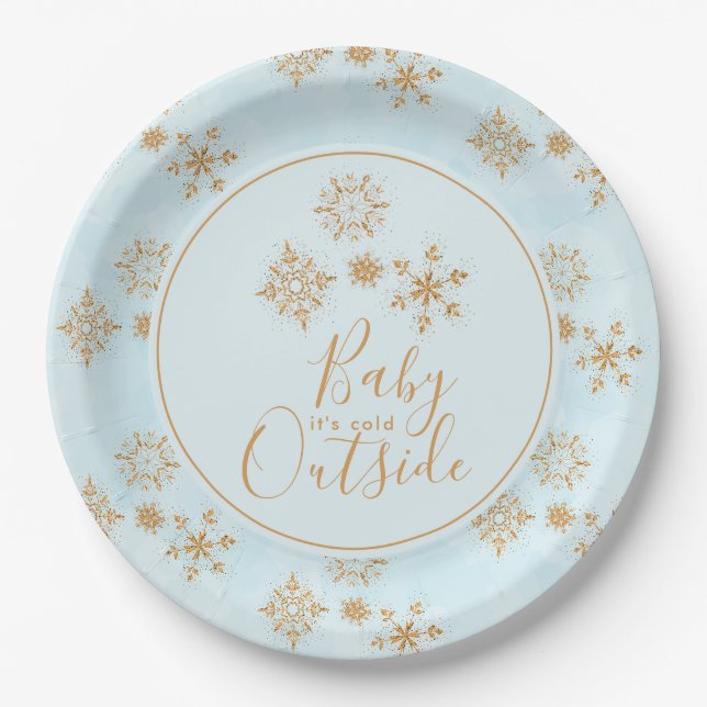 Baby's Cold Outside Gold Schneeflocken auf Blue Pappteller (Vorderseite)