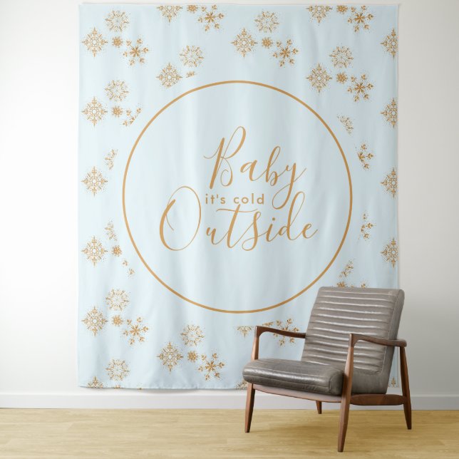 Baby's Cold Outside Gold Schneeflocken auf Blue Wandteppich (Beispiel)