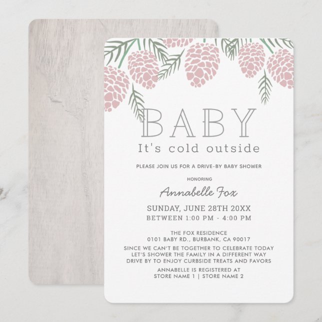 Baby's Cold Pink Pine Cone Drive-by Baby Shower Einladung (Vorne/Hinten)
