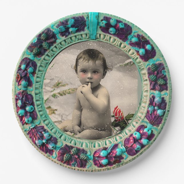 BABYS ERSTE CHRISTMAS FOTOVORLAGE BLAU PAPPTELLER (Vorderseite)