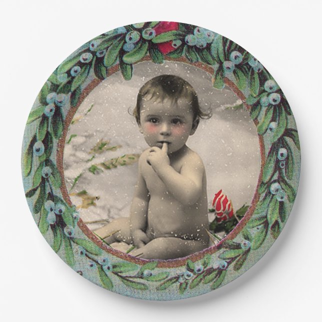 BABYS ERSTE CHRISTMAS MISTLETOES FOTOVORLAGE PAPPTELLER (Vorderseite)