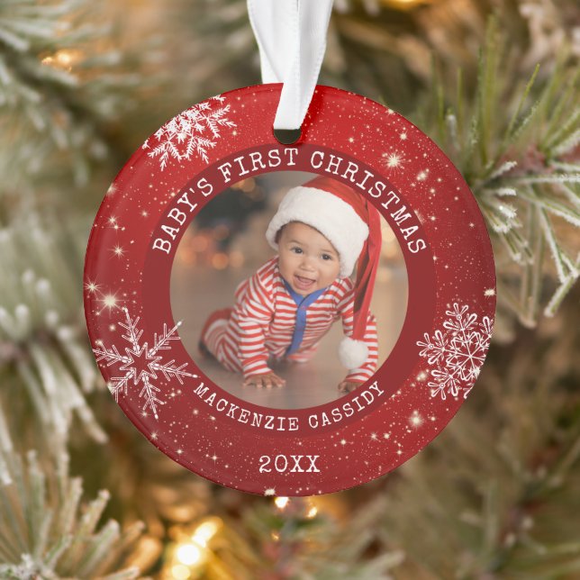 BABYS ERSTE CHRISTMAS Red White Snowflake 2 Foto Ornament (Baum)