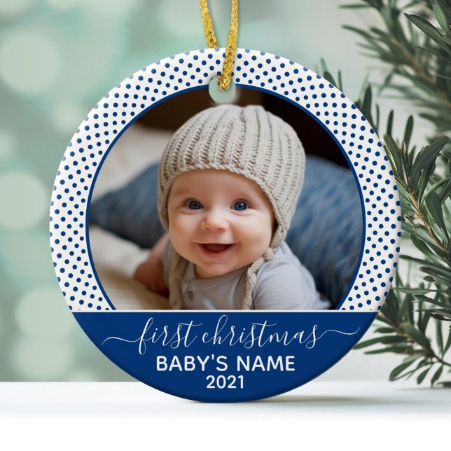 Babys Erste Weihnachten - Blaue weiße Polka Punkte Keramik Ornament (Personalized Photo Ornament - Baby's First Christmas)