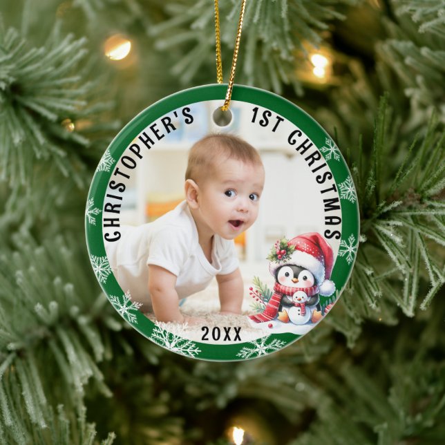 Babys Erste Weihnachten Niedliche Penguin Foto Keramik Ornament (Baum)
