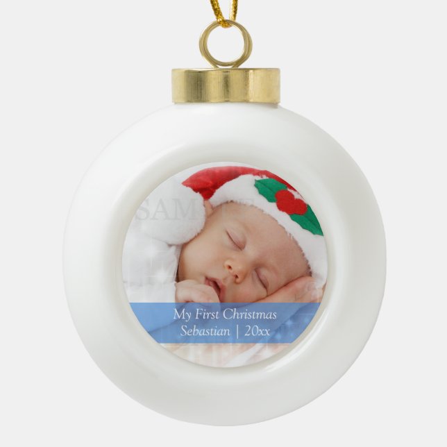 Babys Erste Weihnachten Personalisierte Fotovorlag Keramik Kugel-Ornament (Vorderseite)