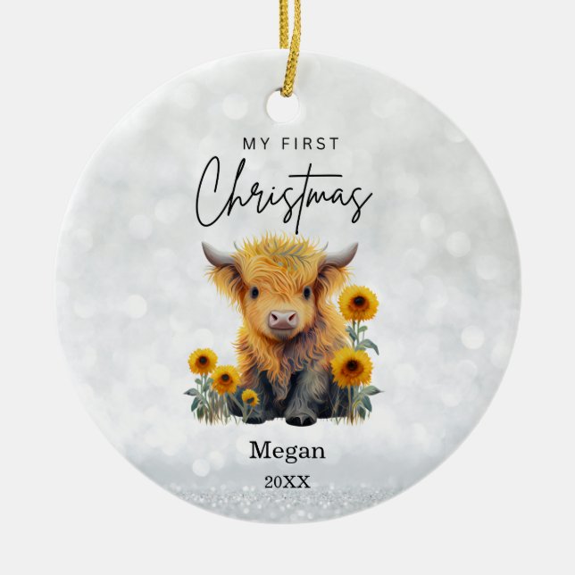 Babys erste Weihnachts-Hochland-Kuh Sonnenblumen Keramik Ornament (Vorne)