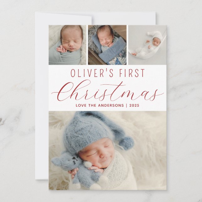 Babys Erste Weihnachtsfoto Collage Red Feiertagskarte (Vorderseite)