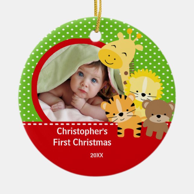 Babys erste WeihnachtsFoto-Verzierungs-Giraffe Keramikornament (Vorne)