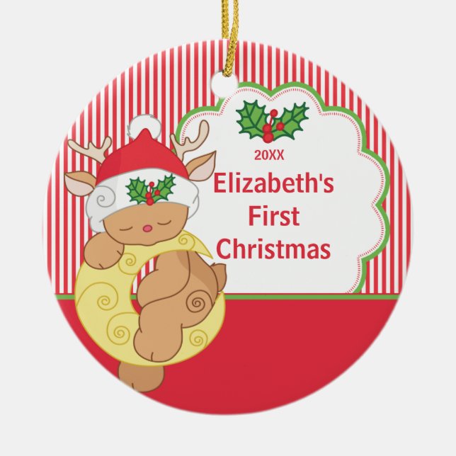 Babys erste WeihnachtsFoto-Verzierungs-Rotwild Keramikornament (Vorne)