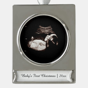 Babys Erste Weihnachtsschwangerschaft Ultrasound F Banner-Ornament Silber