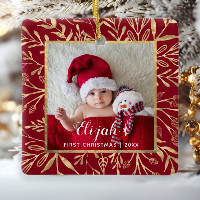 Babys Erste Weihnachtszeit Foto Gold Foliage Red Keramikornament (Von Creator hochgeladen)