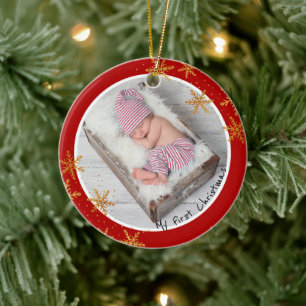 Babys Erste Weihnachtszeit Red Gold Snowflakes Fot Keramik Ornament