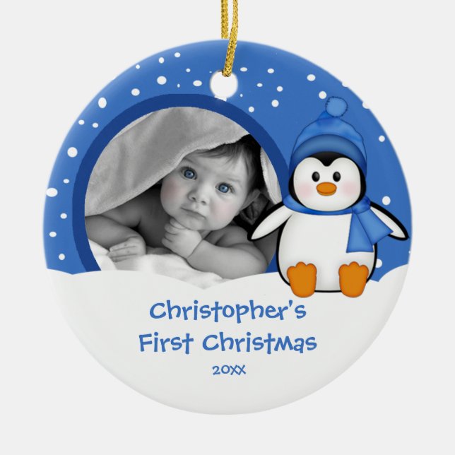 Babys erster WeihnachtsFoto-VerzierungPenguin Keramik Ornament (Vorne)