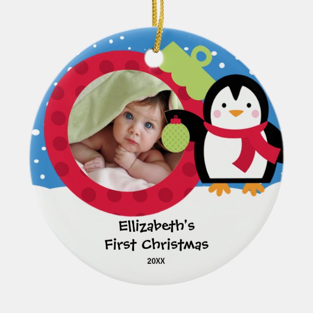 Babys erster WeihnachtsFoto-VerzierungPenguin Keramikornament (Vorne)