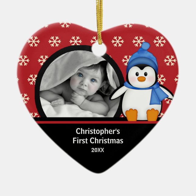 Babys erster WeihnachtsFoto-VerzierungPenguin Keramikornament (Vorne)