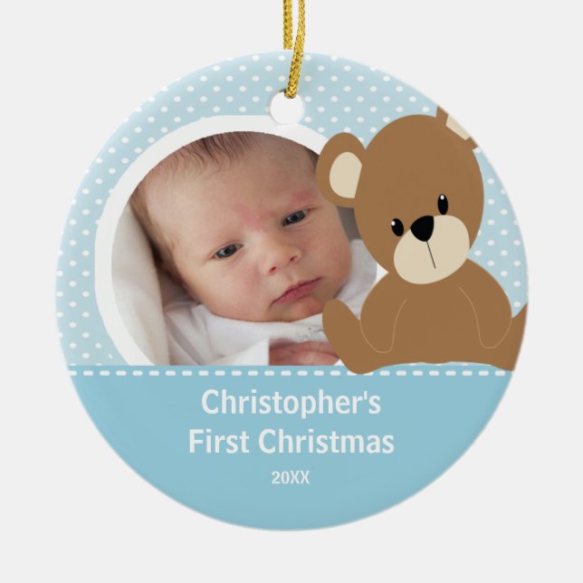 Babys erster WeihnachtsFoto-Verzierungs-Jungen-Bär Keramikornament (Vorne)