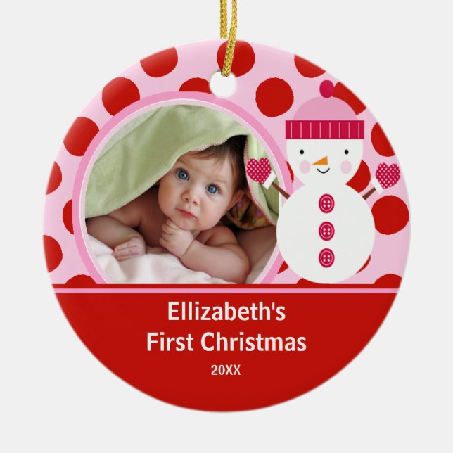 Babys erster WeihnachtsFoto-VerzierungSnowman Keramikornament (Vorne)