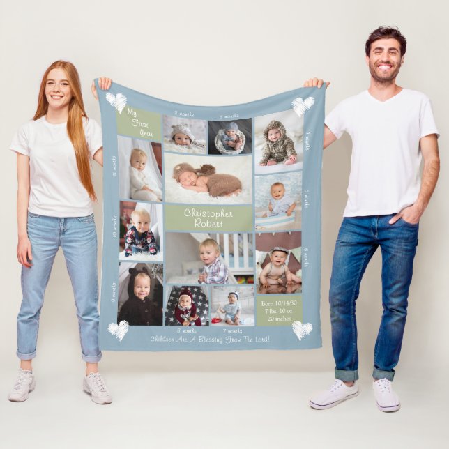 Baby's erstes Jahr 12 Foto-Collage Hearts Script Fleecedecke (Beispiel)