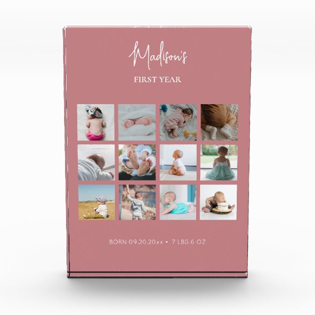Babys erstes Jahr Foto Collage Geburtsstunde rosa (Vorderseite)