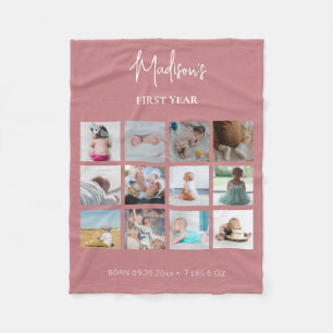 Babys erstes Jahr Foto Collage Geburtsstunde rosa Fleecedecke